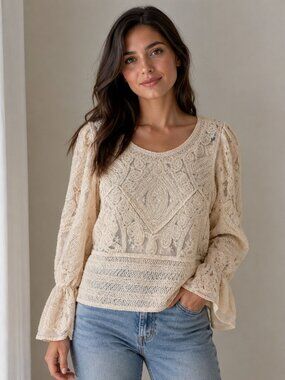 Ultra Pink Ivory Lace Blouse Medium Bell Sleeve Lined Boho Romantic